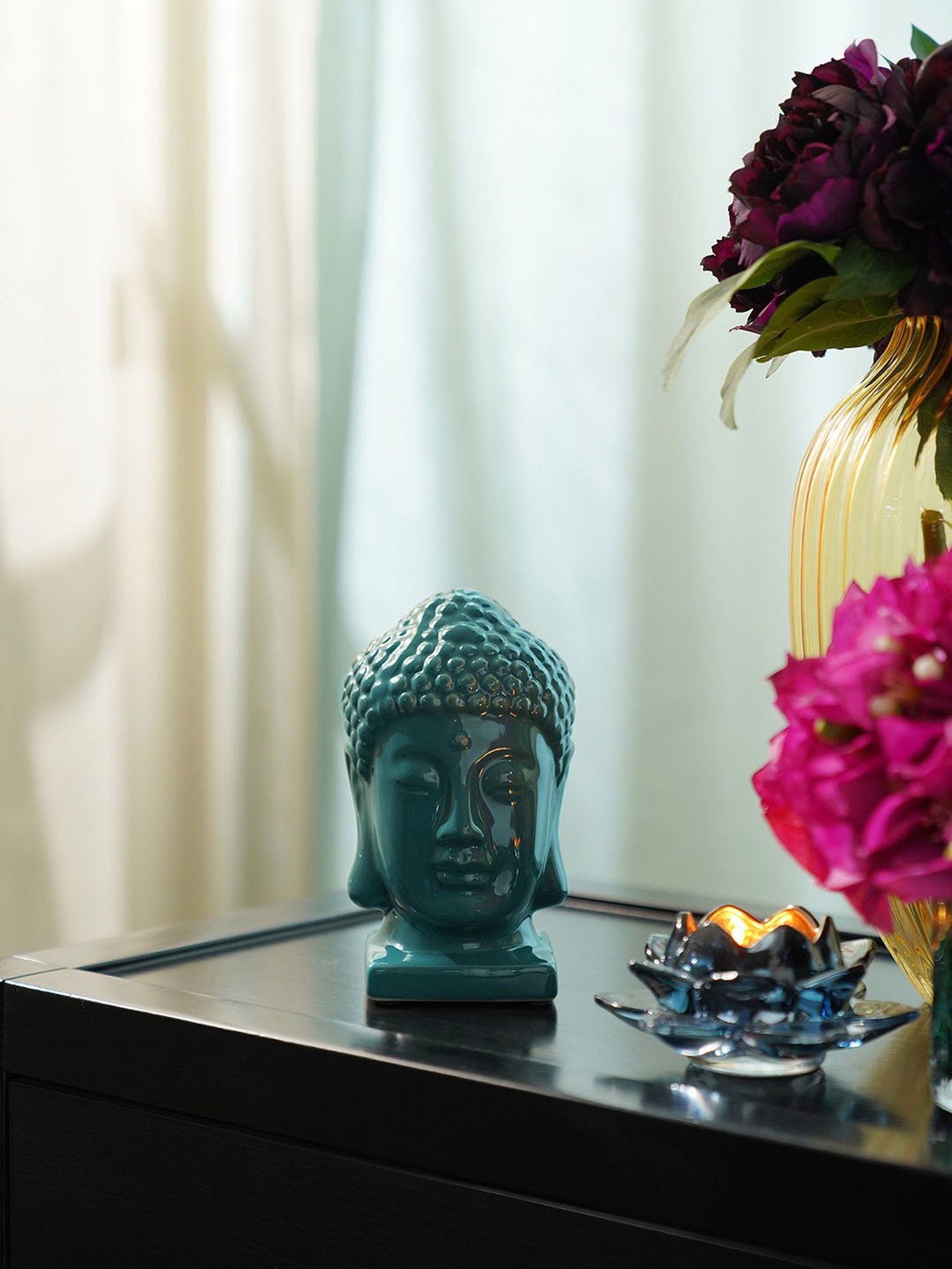 Pure Home and Living Teal Ceramic Buddha Head With Base Sculpture