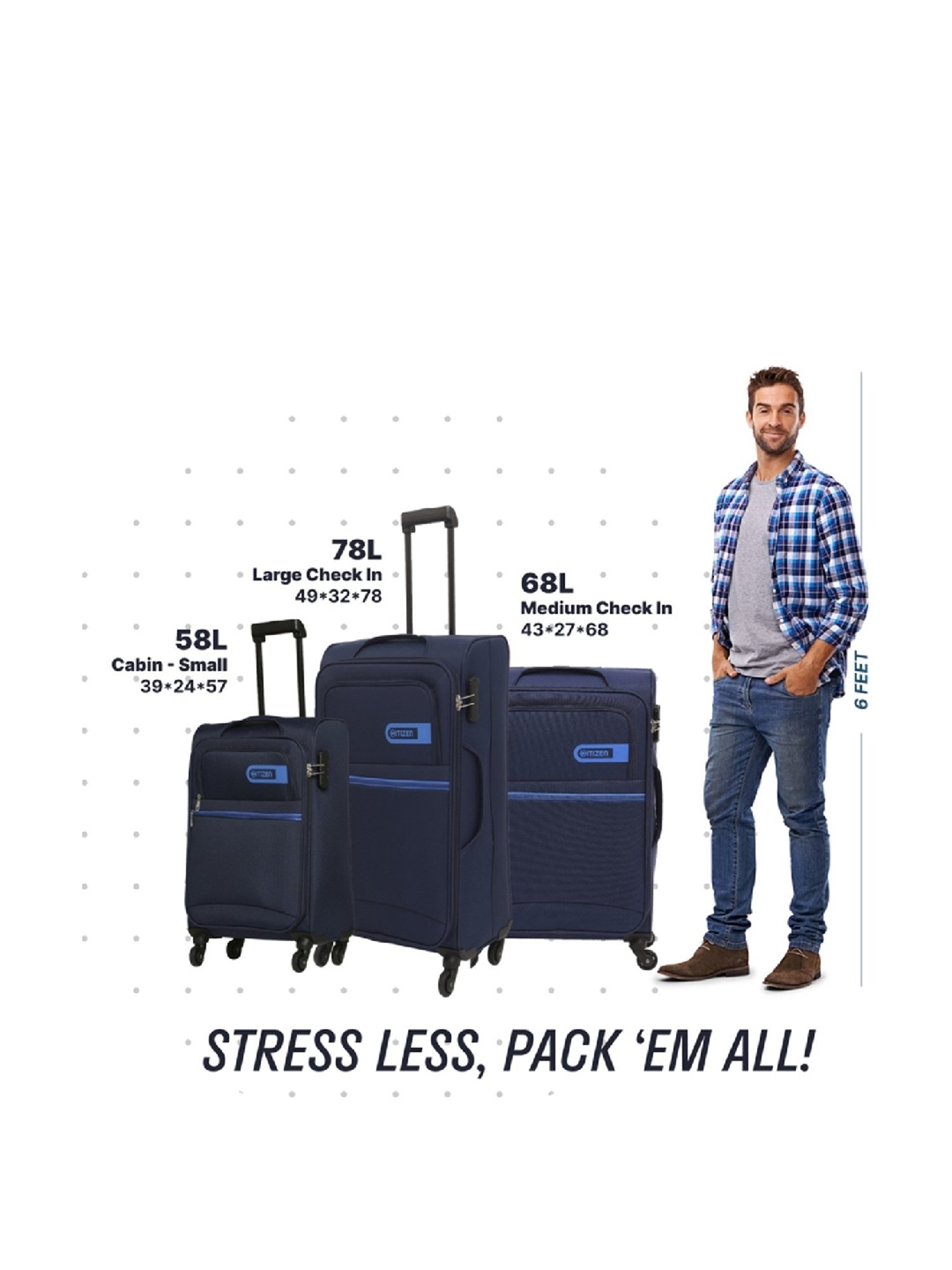 Citizen Journey Pulse Navy Blue Solid Trolley Bag Pack of 3 - 58 Cms, 68 Cms & 78 Cms