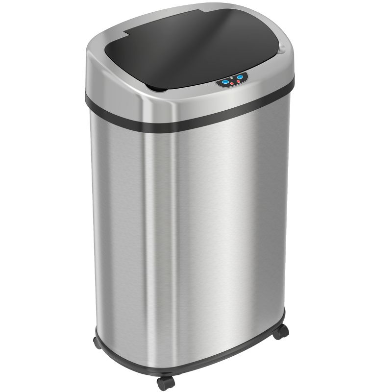 iTouchless Rolling Sensor Kitchen Trash Can with Wheels and AbsorbX Odor Filter Oval 13 Gallon Silver Stainless Steel