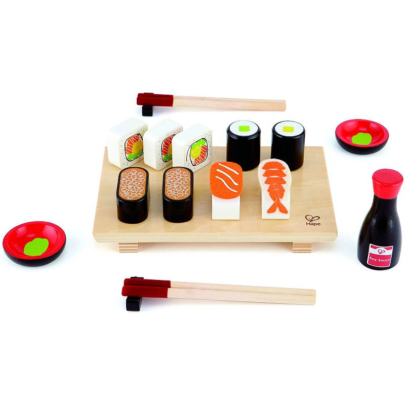 Hape E3130 Sushi Selection Kids Wooden Pretend Kitchen Play Food and Accessories Set with Sushi Rolls, Chopsticks, Bowls, Soy Sauce, and Serving Board