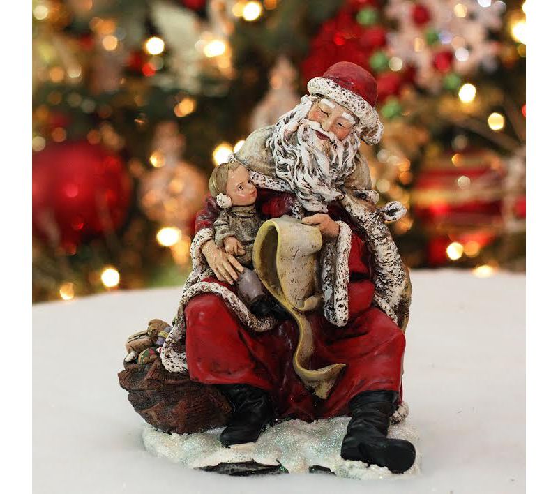 Napco 9" Red Santa Claus with a Child and Reindeer Glittered Christmas Tabletop Decor