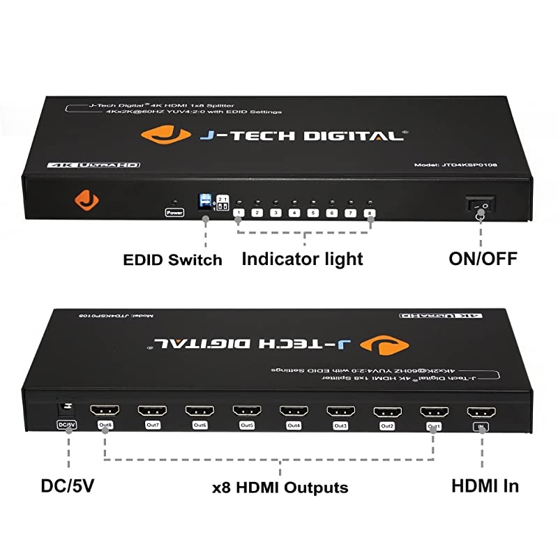 JTD4KSP0108 Premium Quality Ultra HD 4K 60HZ 1x8 HDMI Splitter High Resolutions Up To 4Kx2K 36Bit Deep Color