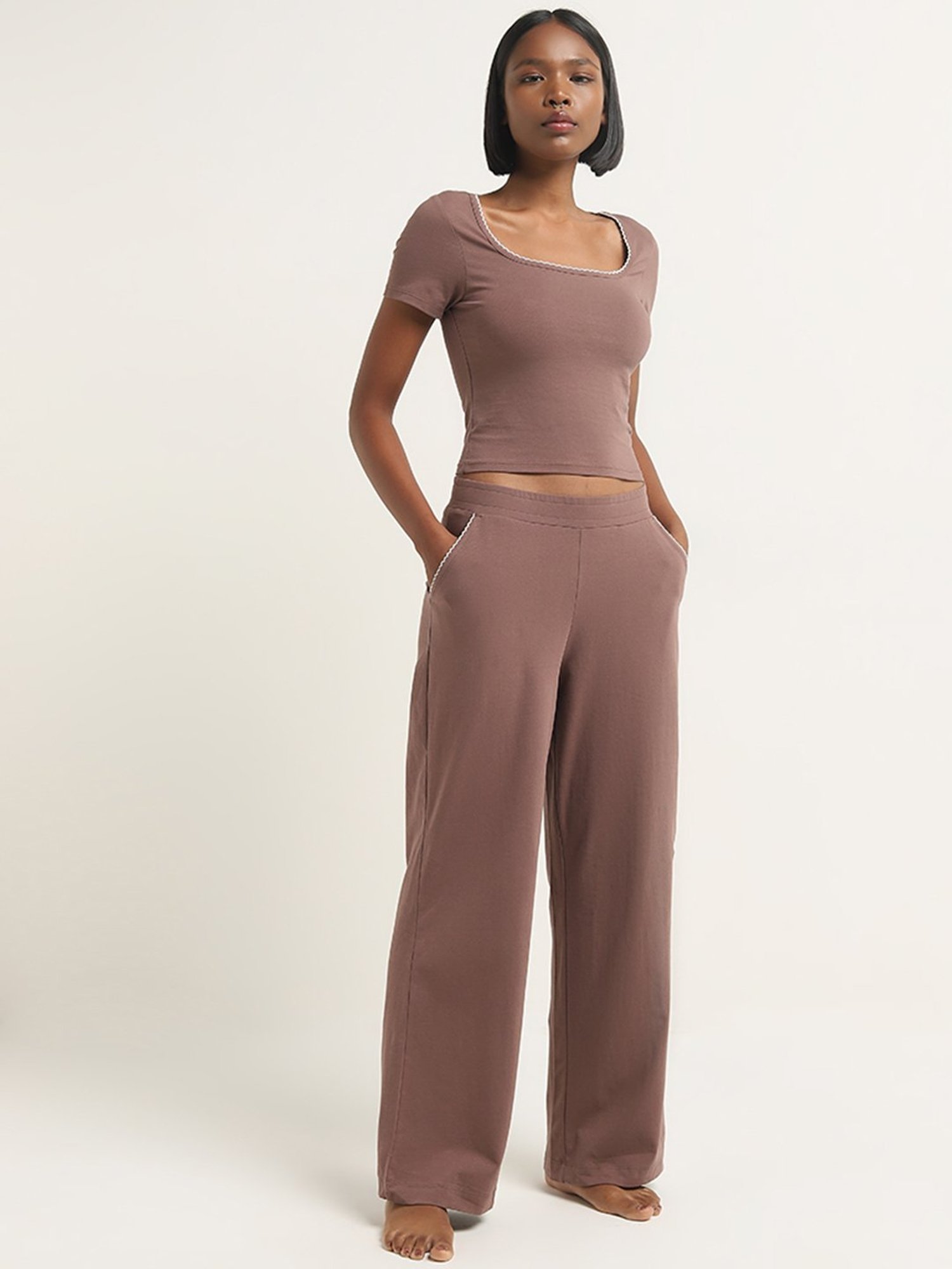 Superstar by Westside Brown Solid High-Rise Cotton Blend Pants