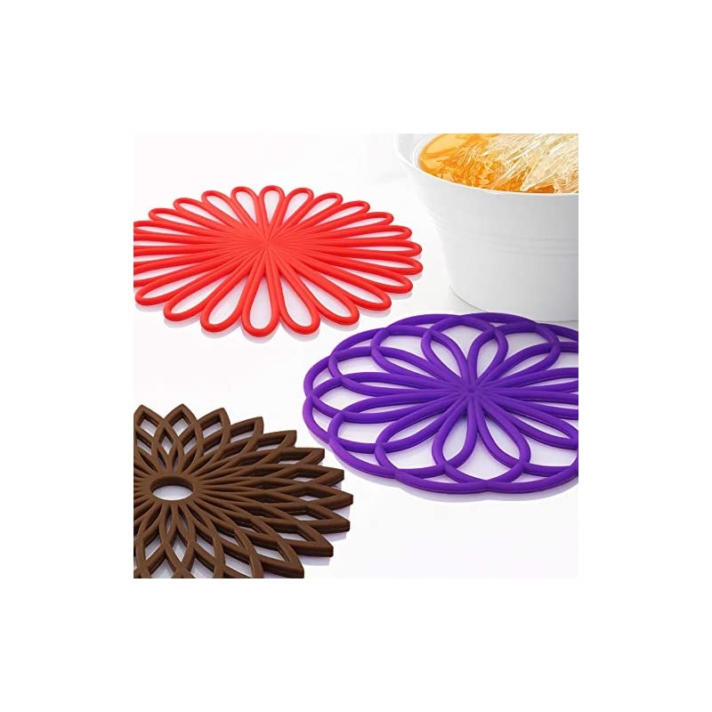 3 Set Silicone Multi-Use Flower Trivet Mat - Premium Quality Insulated Flexible Durable Non Slip Coasters Hot Pads Deep Purple