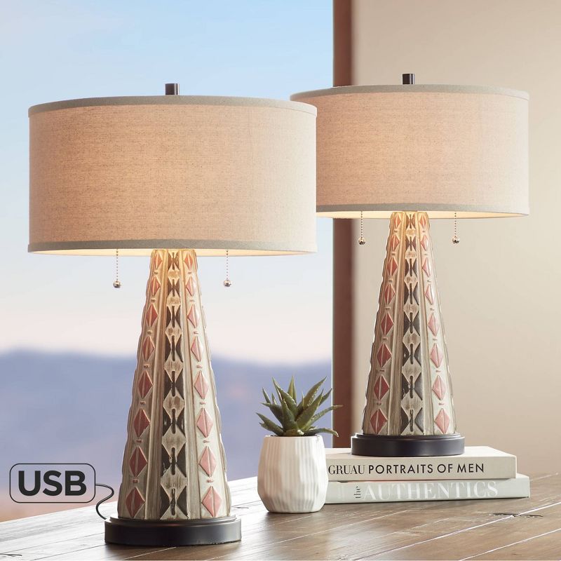 John Timberland Table Lamps Set of 2 with USB Port Southwest Style Tapering Column Oatmeal Fabric Drum Shade Living Room Bedroom