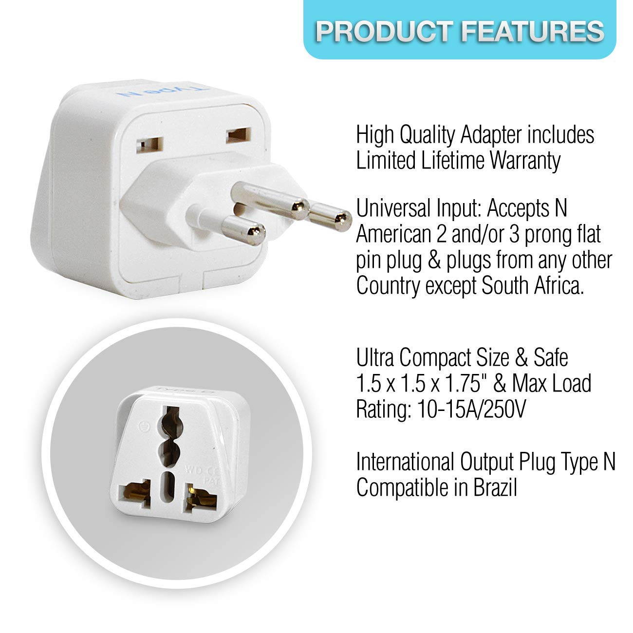 Ceptics Grounded Brazil Travel Plug Adapter (Type N), Universal Socket Plug Accepts Plugs From any Country, Perfect for Cell Phones, Laptops, Chargers and More - 3 Pack (GP-11C)