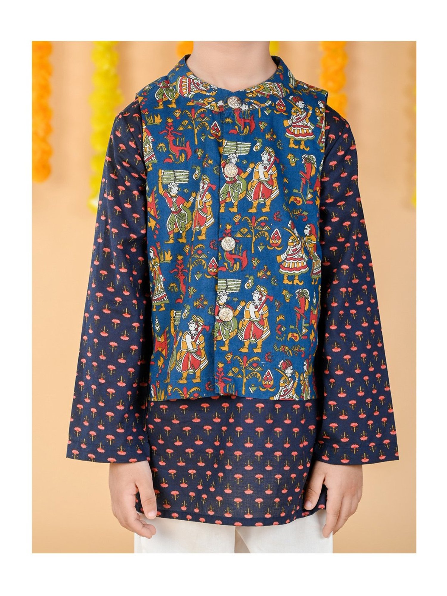 Budding Bees Kids Blue & Off White Printed Full Sleeves Kurta, Jacket with Pyjamas