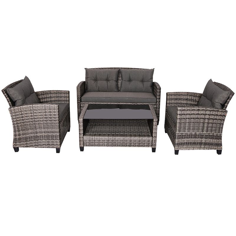 Costway 4PCS Patio Rattan Furniture Set Coffee Table Cushioned Sofa Garden Lawn Gray
