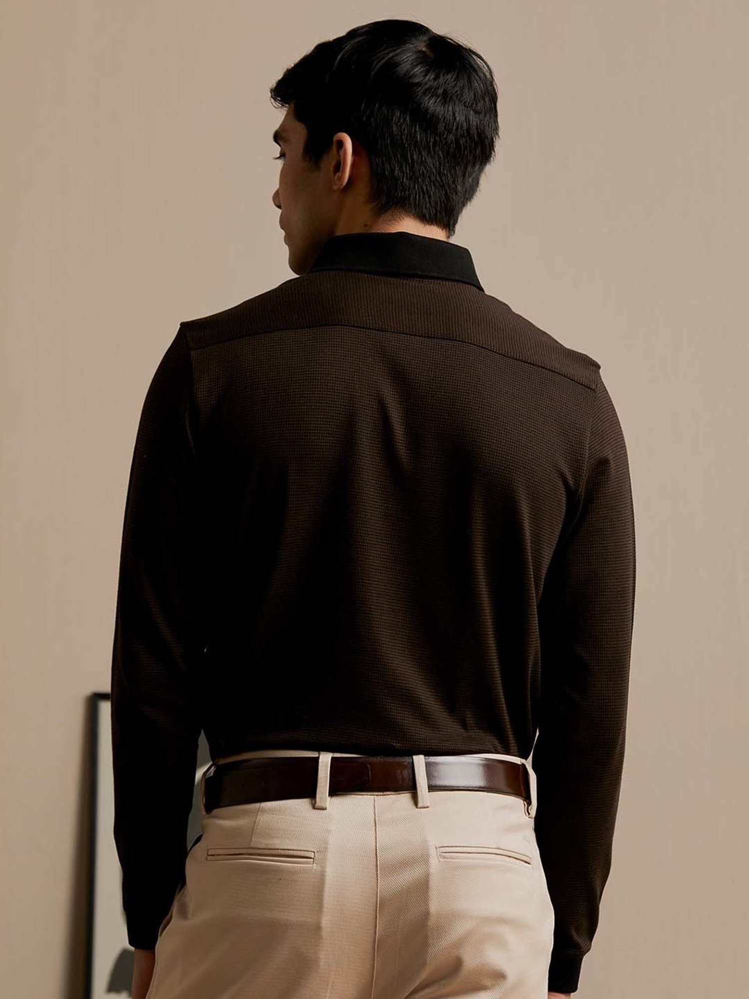 ANDAMEN Brown Regular Fit Self Design Polo T-Shirt