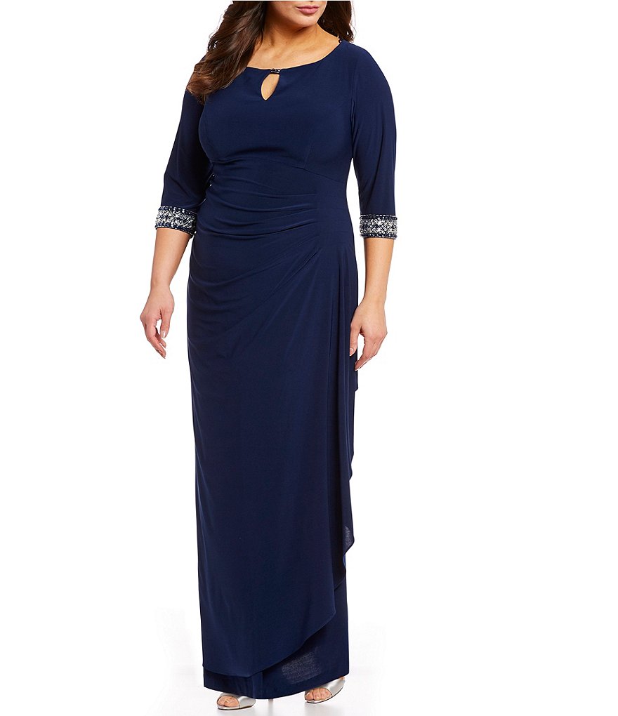 Alex Evenings Plus Size Side Round Keyhole Neck 3/4 Sleeve Ruched Embellished Cuff Gown