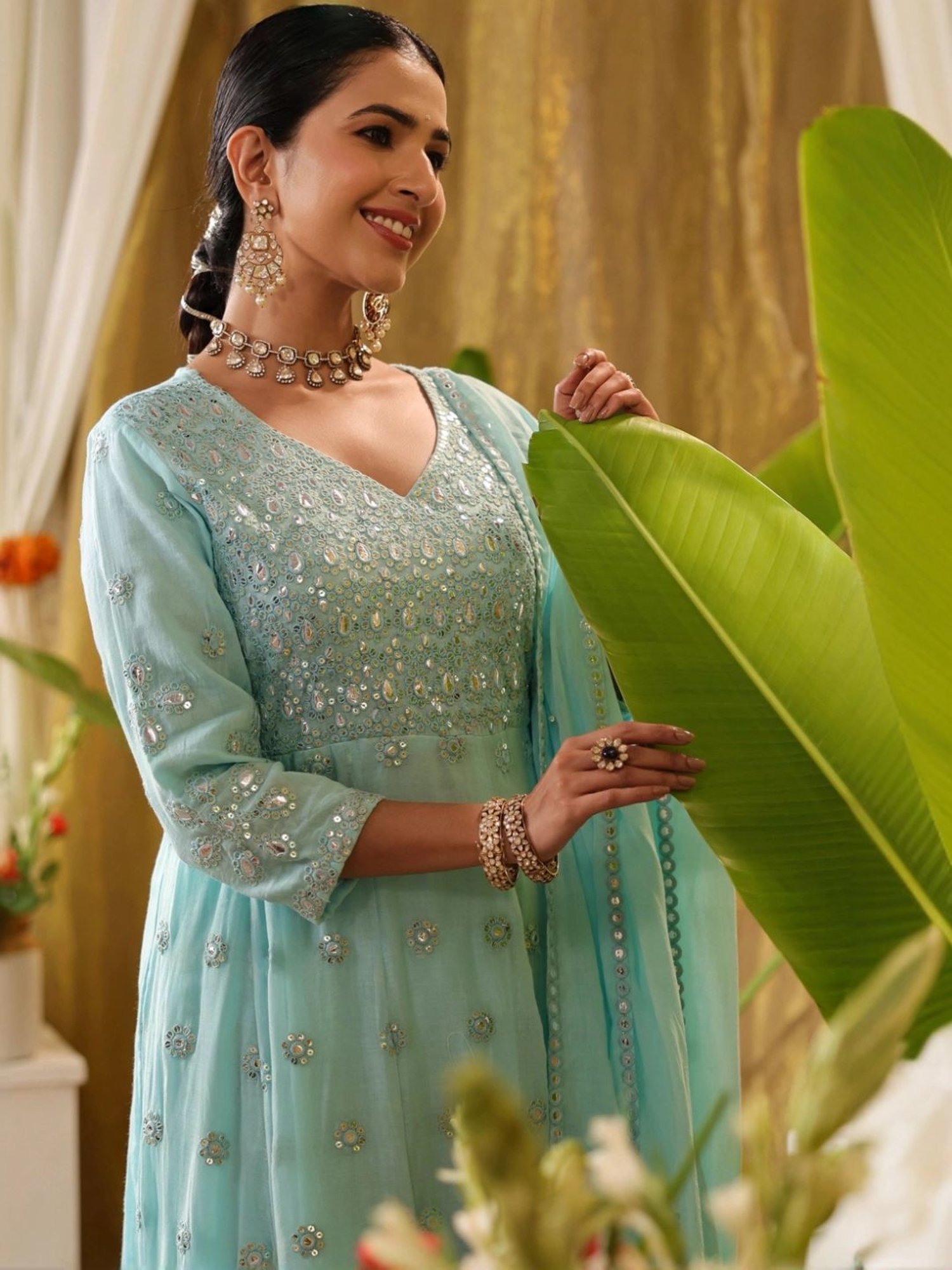 SCAKHI Aqua Mulmul Mirror & Sequin Embroidered Anarkali and Pant With Dupatta