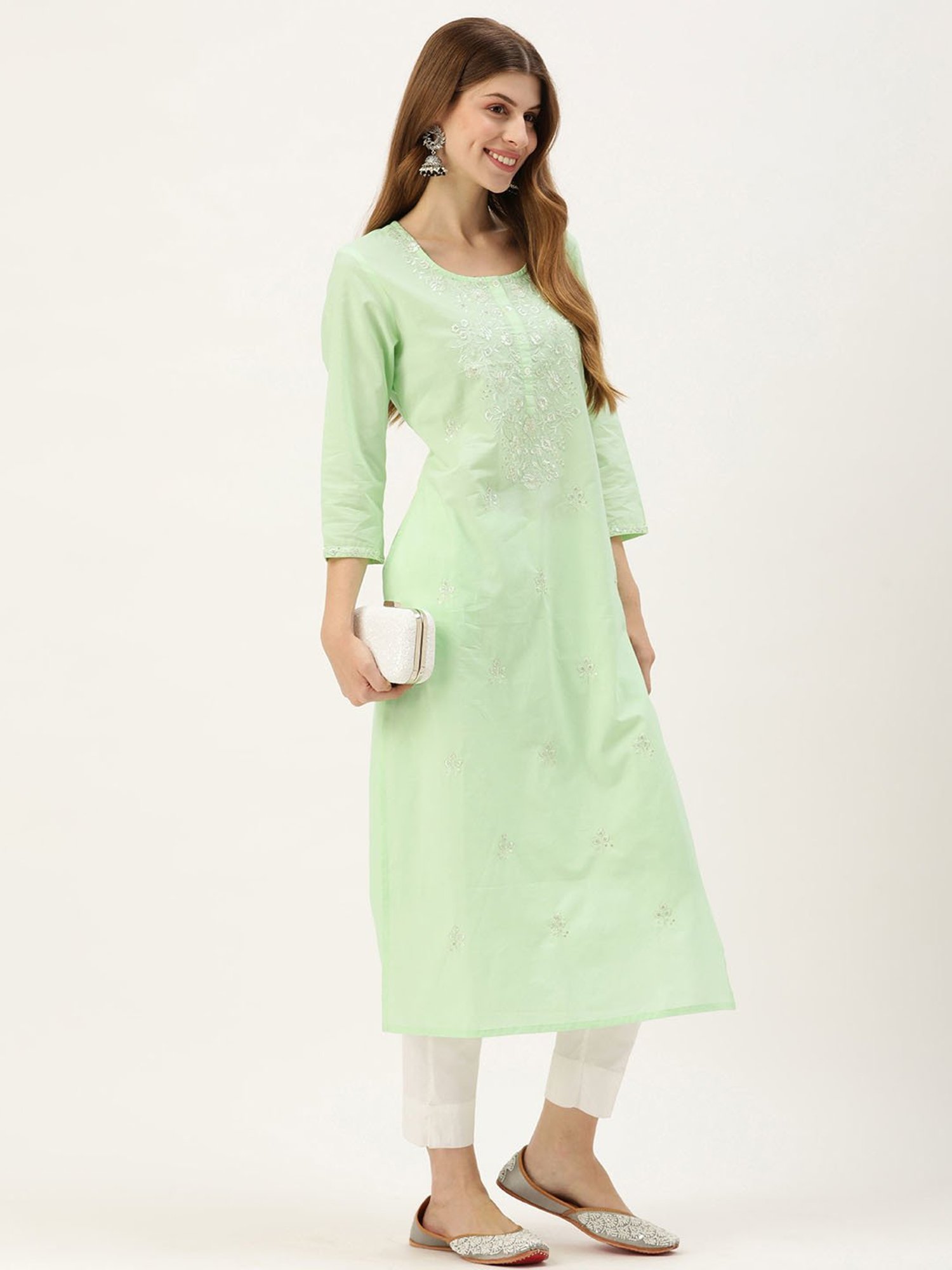 Amukti Light Green Cotton Embroidered A Line kurta
