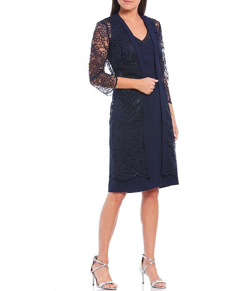 Le Bos Scalloped Lace V-Neck 3/4 Sleeve Jacket Dress