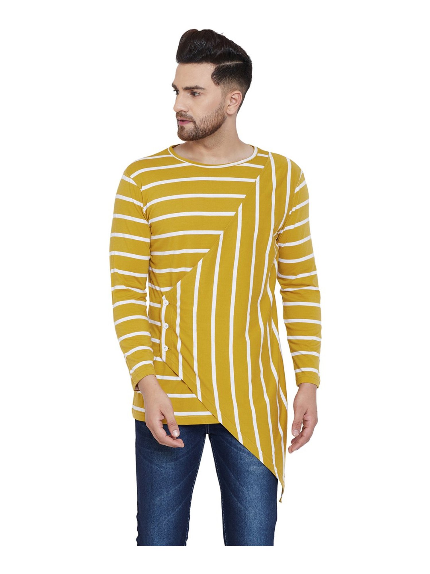 Hypernation Mustard & White Cotton Regular Fit Striped T-Shirt