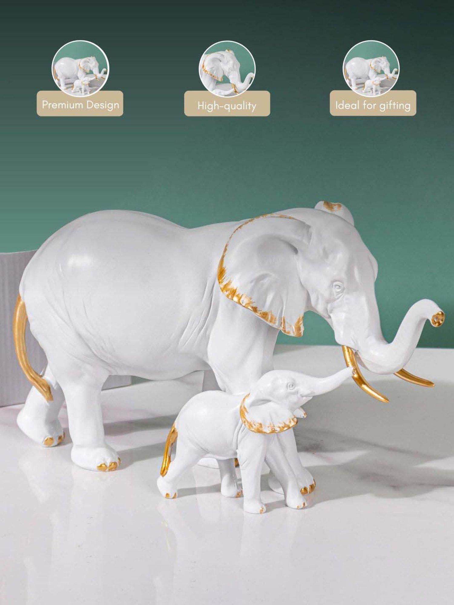 Nestasia Artisanal Resin Made White With Golden Detailing Mother Elephant With Baby Showpiece