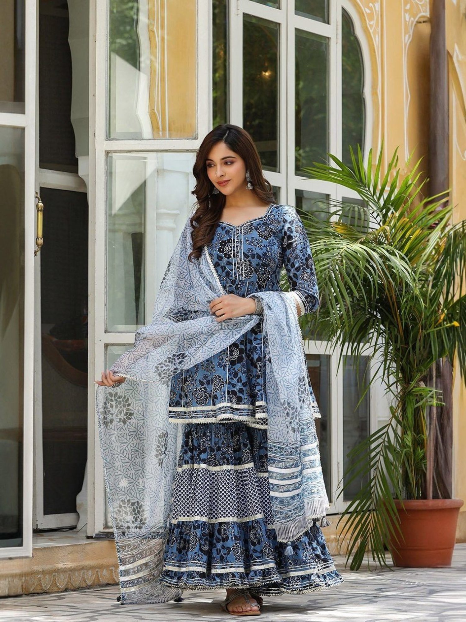 Everbloom Blue Amreen Printed Flared Kurti With Sharara & Dupatta