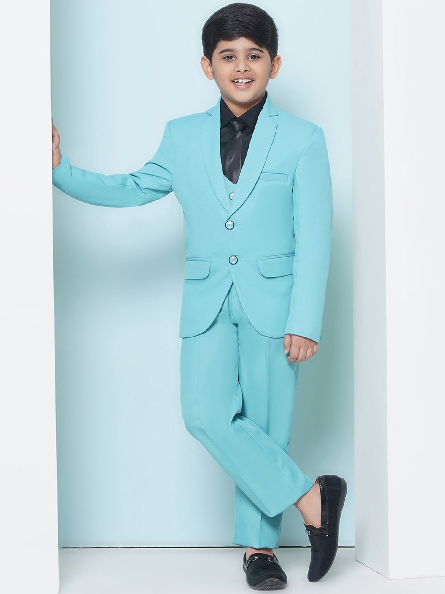 AJ Dezines Kids Sky Blue & Black Solid Full Sleeves Shirt, Pants, Coat, Waistcoat with Tie