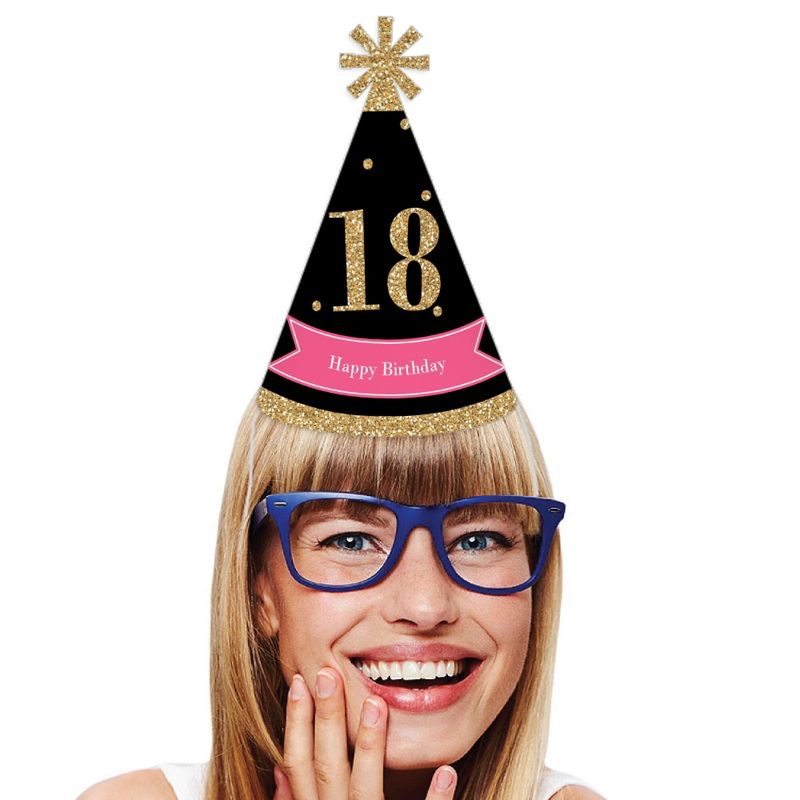 Big Dot of Happiness Chic 18th Birthday - Pink, Black and Gold - Cone Happy Birthday Party Hats for Kids and Adults - Set of 8 (Standard Size)