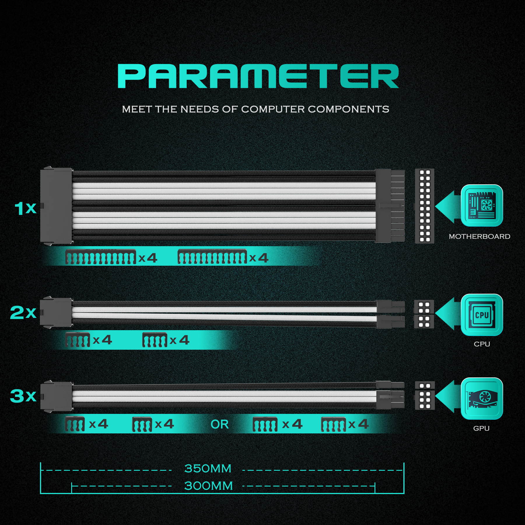 Asiahorse Power Supply Sleeved Cable for Power Supply Extension Cable Wire Kit 1x24-PIN/ 2x8-PIN (4+4) M/B,3x8-PIN (6+2) PCI-E 30cm Length with Combs(Dual EPS White-Black-Mix)