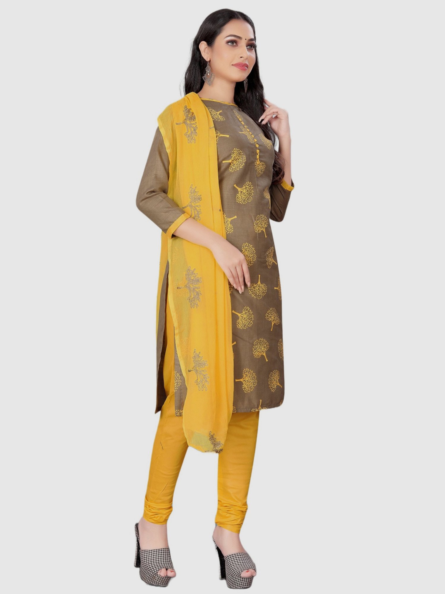 APNISHA Beige & Yellow Cotton Printed Unstitched Dress Material