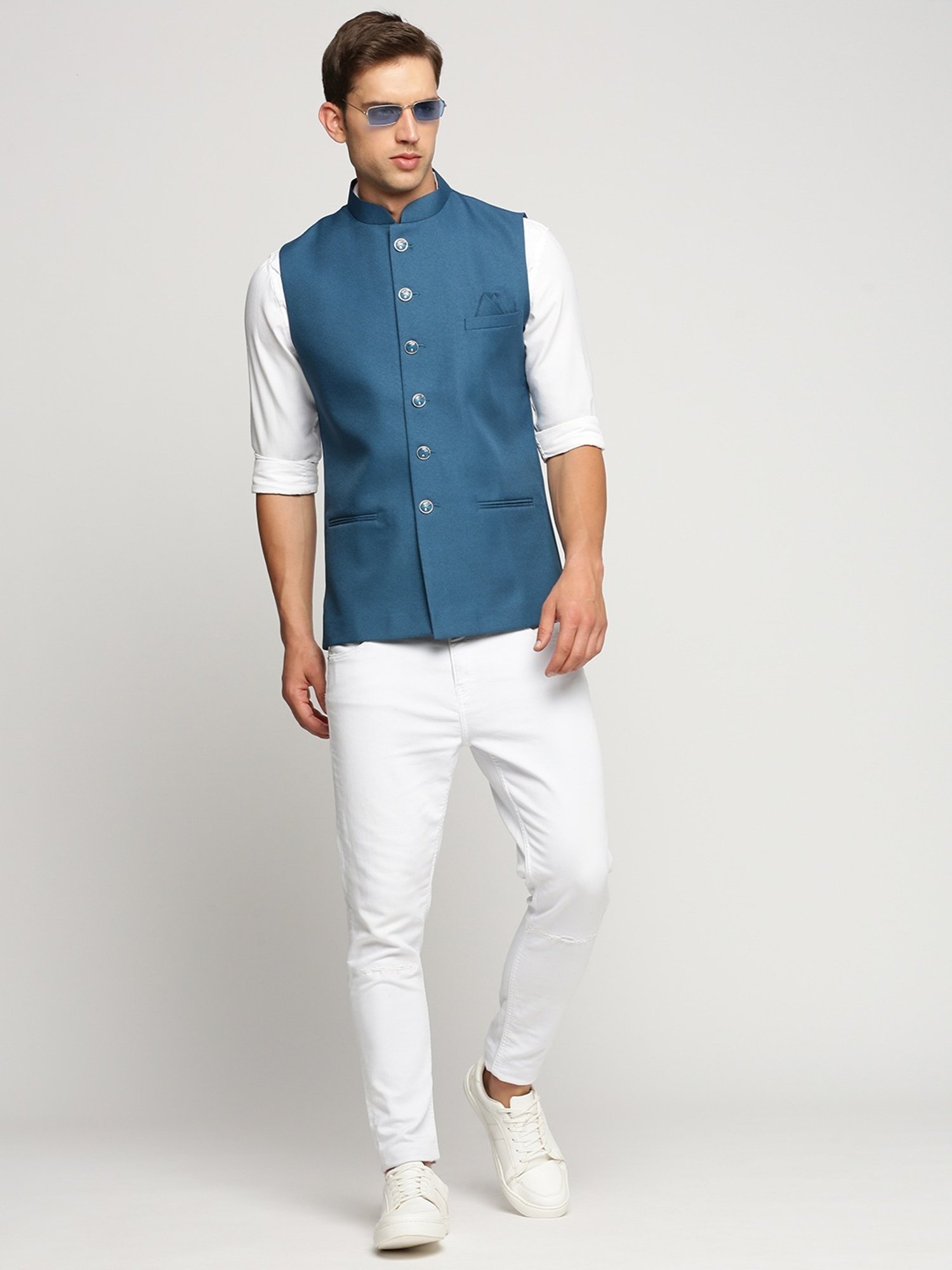 VASTRAMAY Teal Green Regular Fit Printed Nehru Jacket