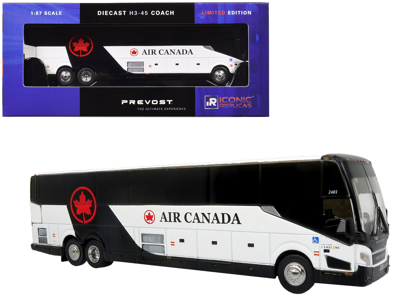Prevost H3-45 Coach Bus "Air Canada Landline" Black and White Limited Edition 1/87 (HO) Diecast Model by Iconic Replicas