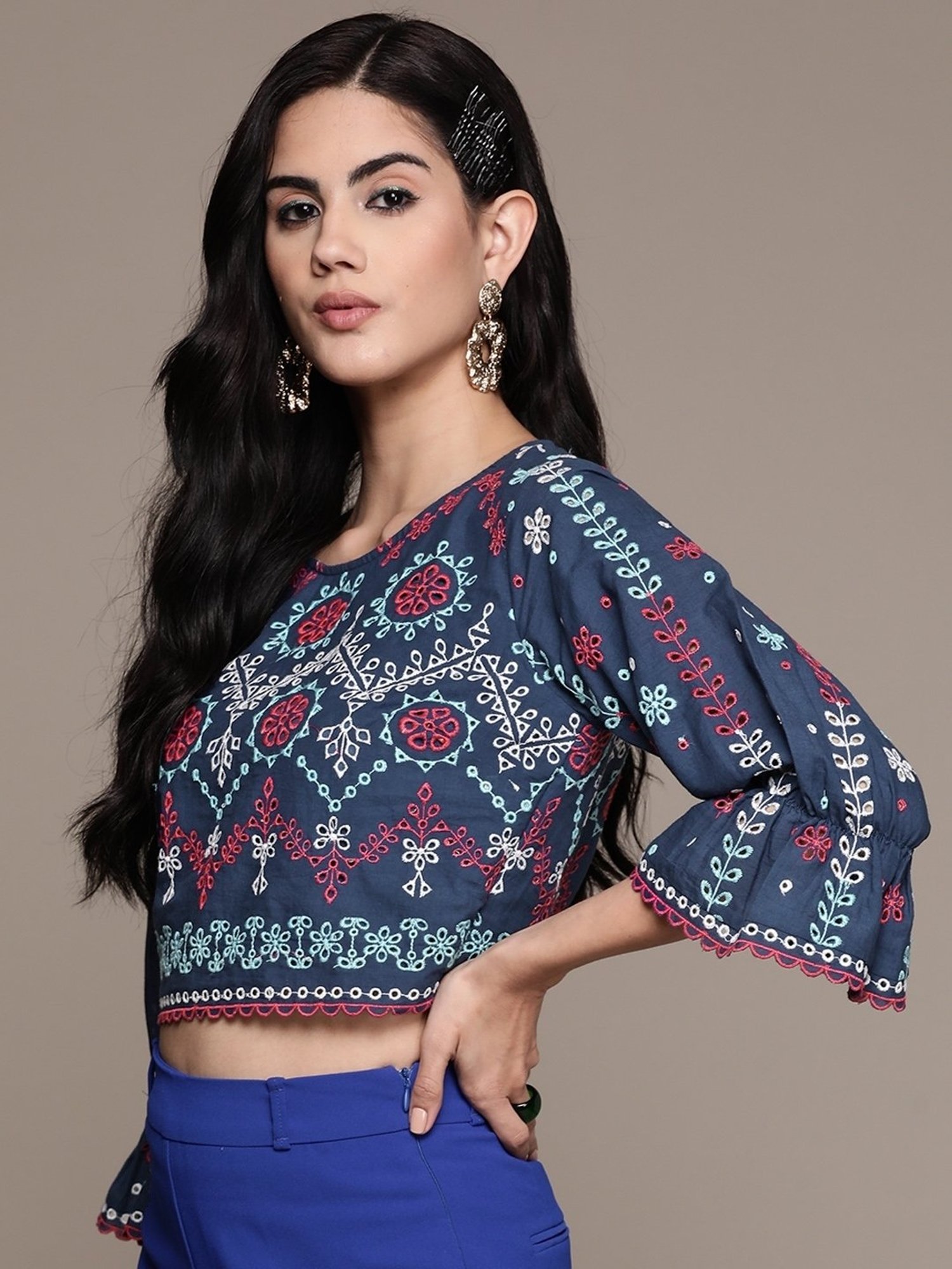 Label Ritu Kumar Navy Blue Cotton Blend Embroidered Crop Top