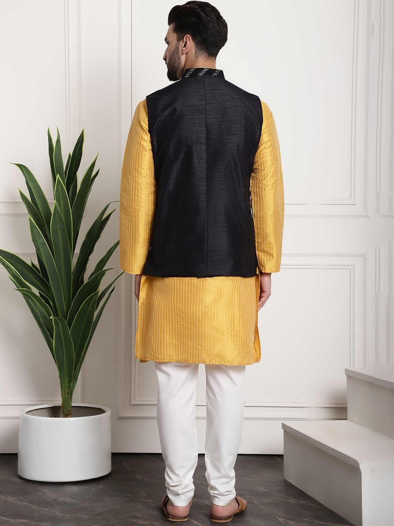 Sojanya Mustard & Black Regular Fit Self Pattern Kurta Set With Jacket