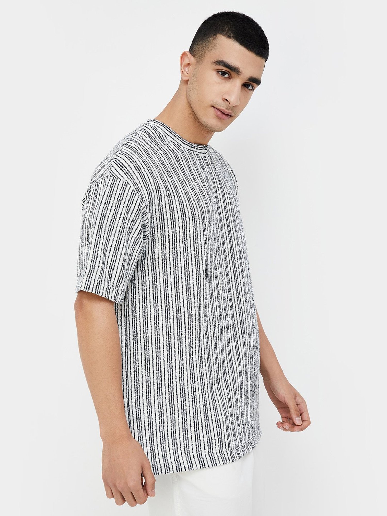 Forca by Lifestyle White Regular Fit Striped Crew T-Shirt