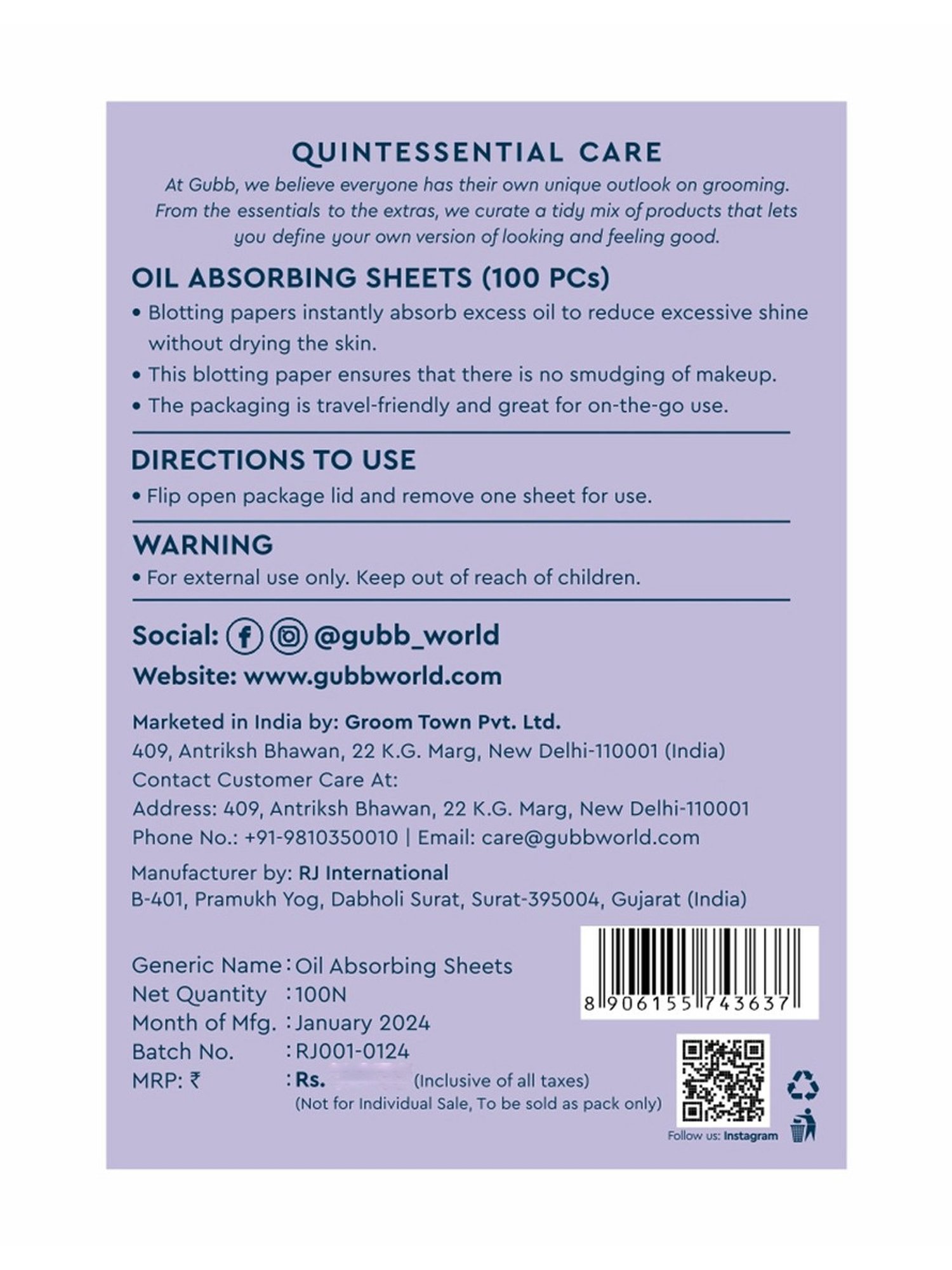 GUBB Oil Absorbing Sheets - 100 Pieces