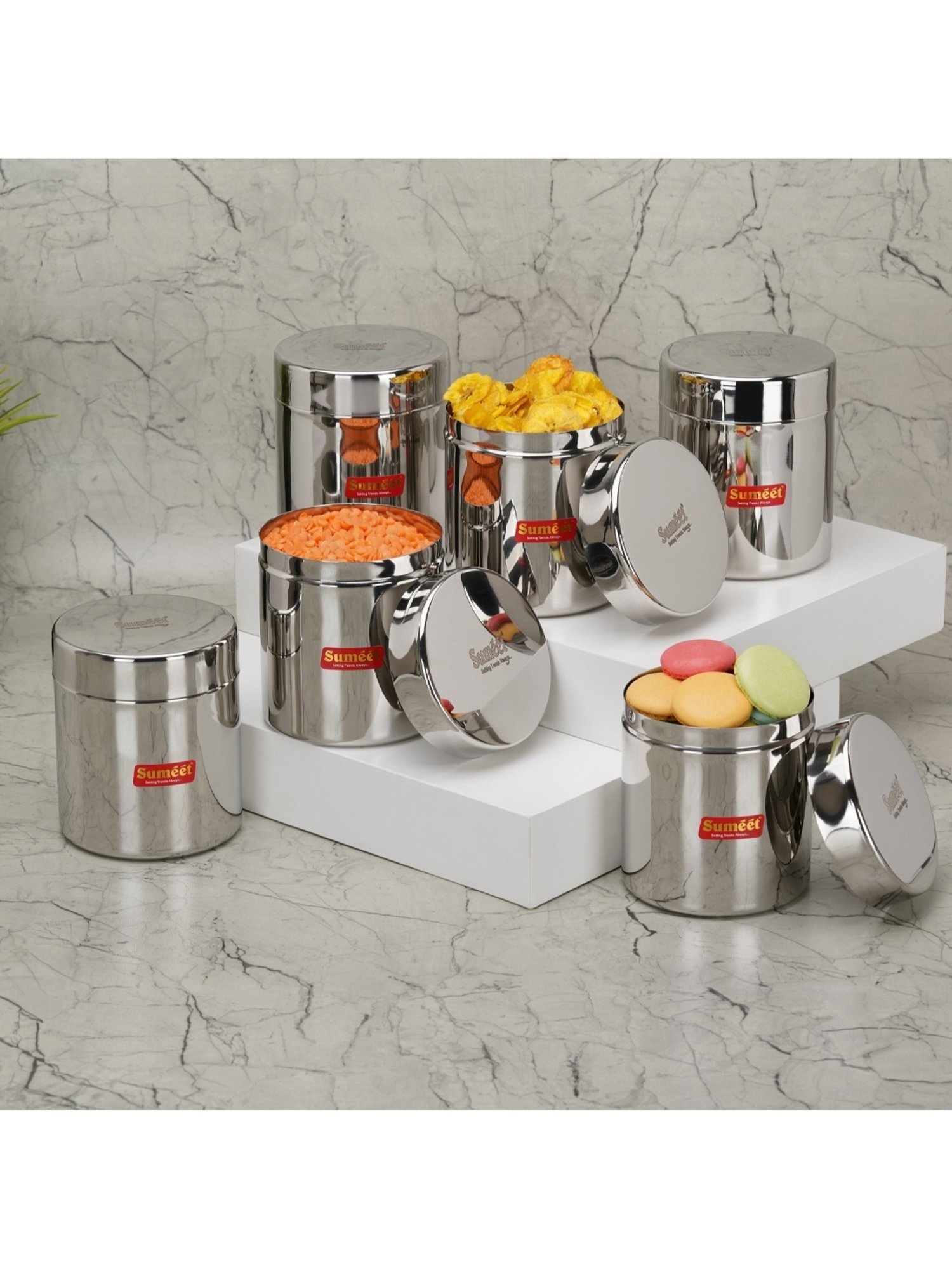 Sumeet S.S. Small Canisters/Jars/Ubha Dabba/Storage Containers set of 6Pcs, 350ml each, 7.5cm Dia