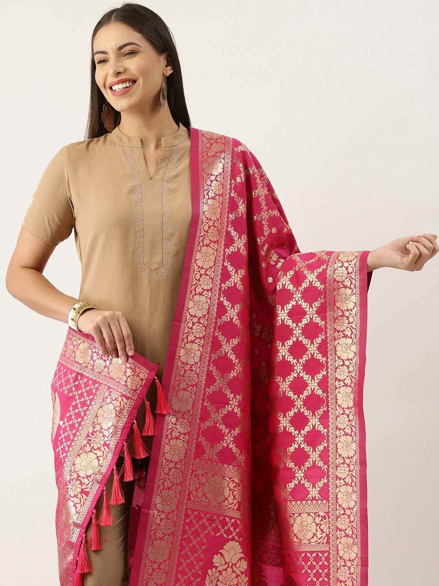 Silk Land Pink Woven Pattern Dupatta