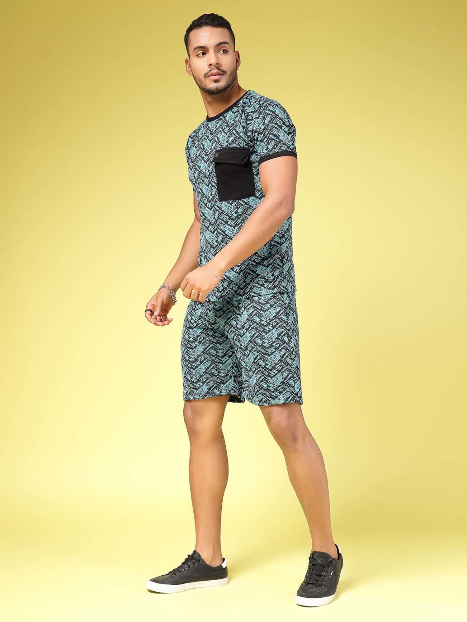Rigo Teal Slim Fit Printed T-Shirt & Shorts Set