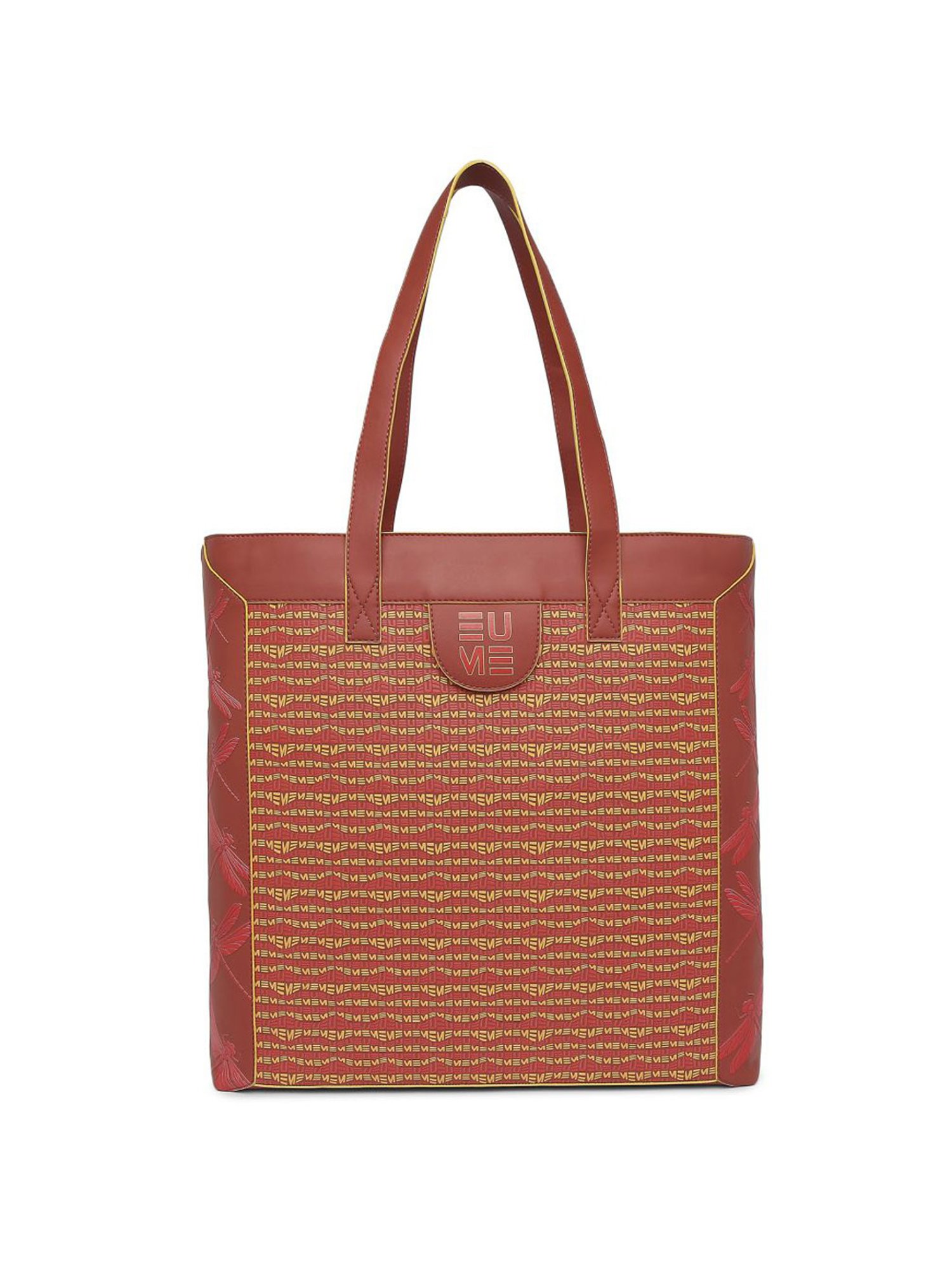 Eume Dragonfly Hot Sauce Red Leather Printed Tote Handbag with Pouch