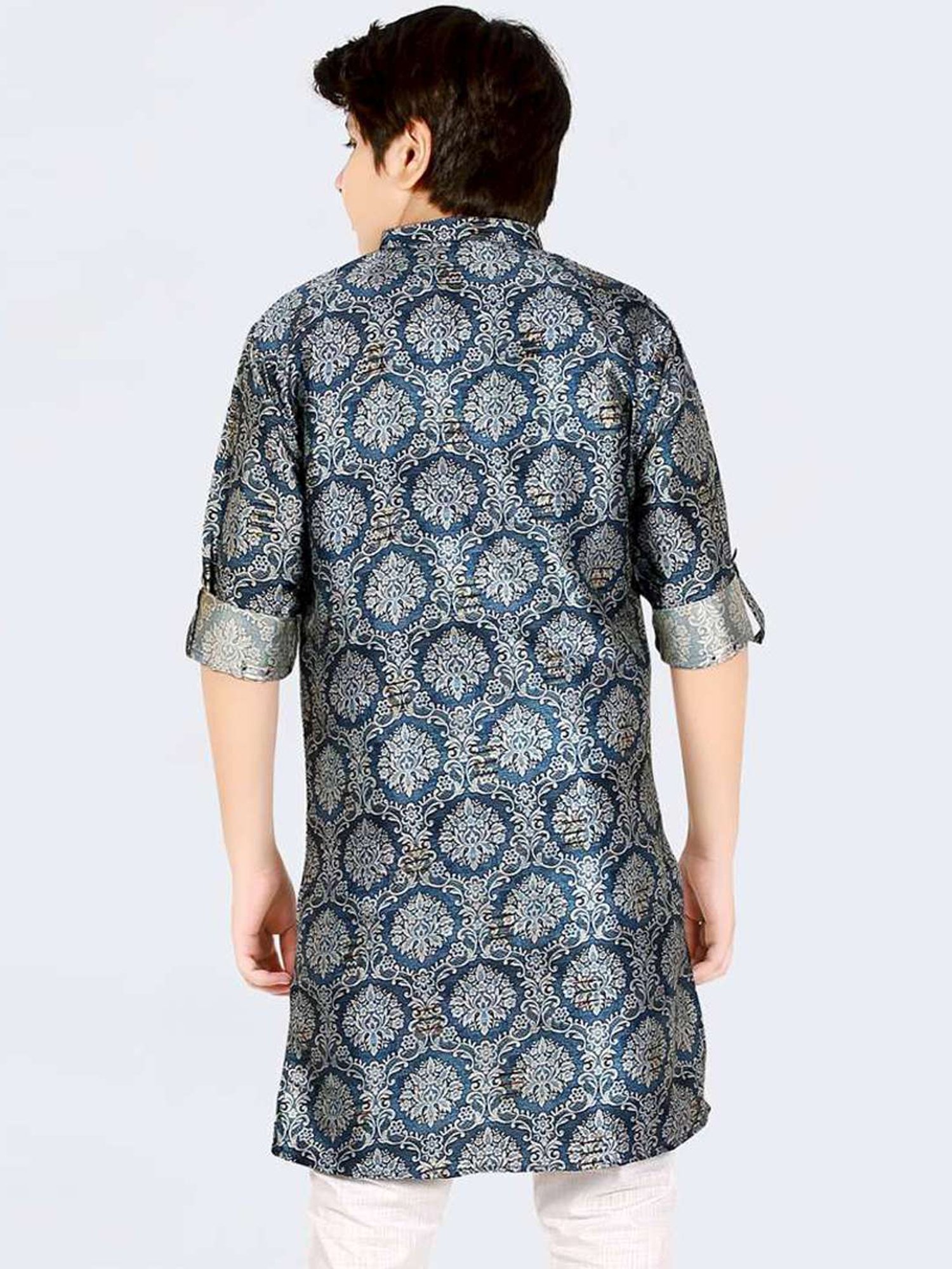 Cavio Kids Blue & White Cotton Printed Full Sleeves Kurta Set