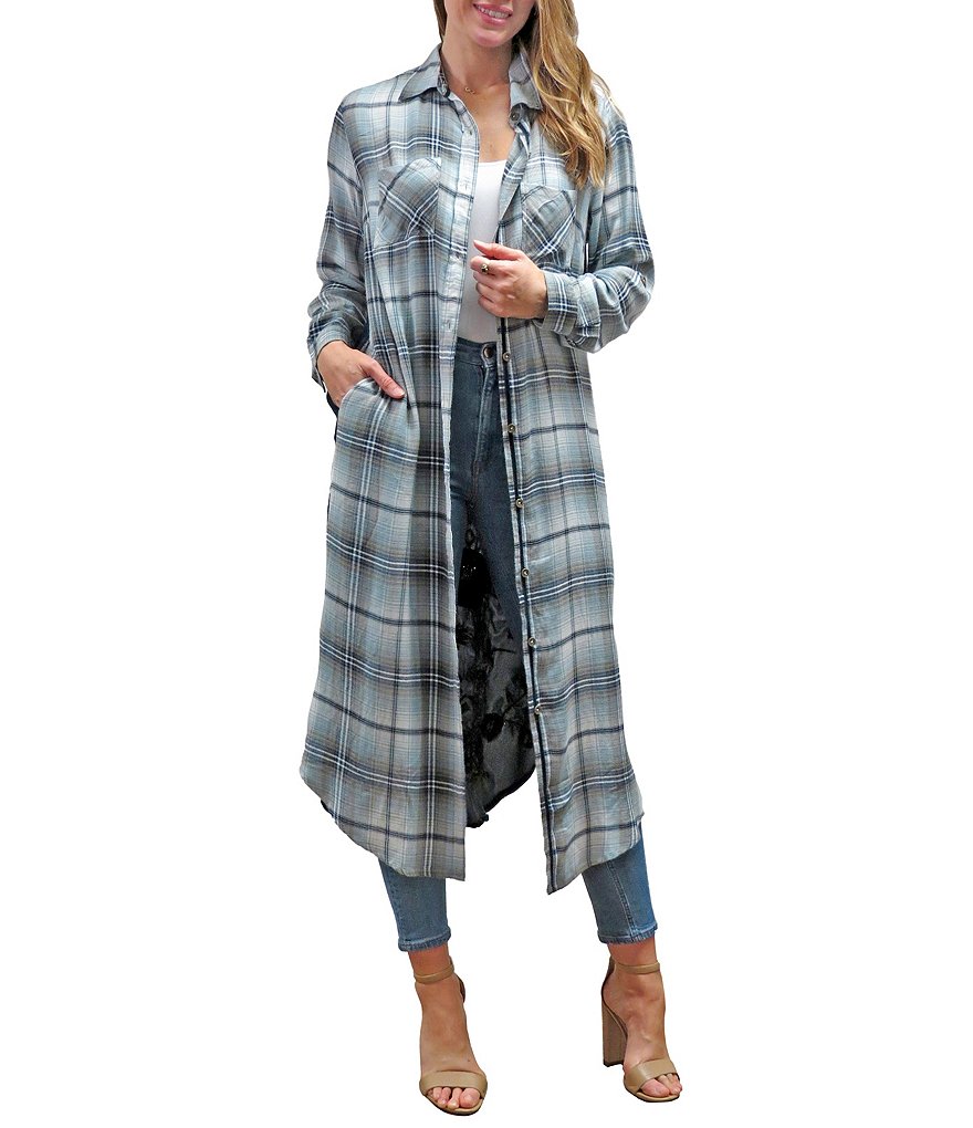 Karyn Seo Evie Long Sleeve Embroidered Velvet Back Plaid Duster