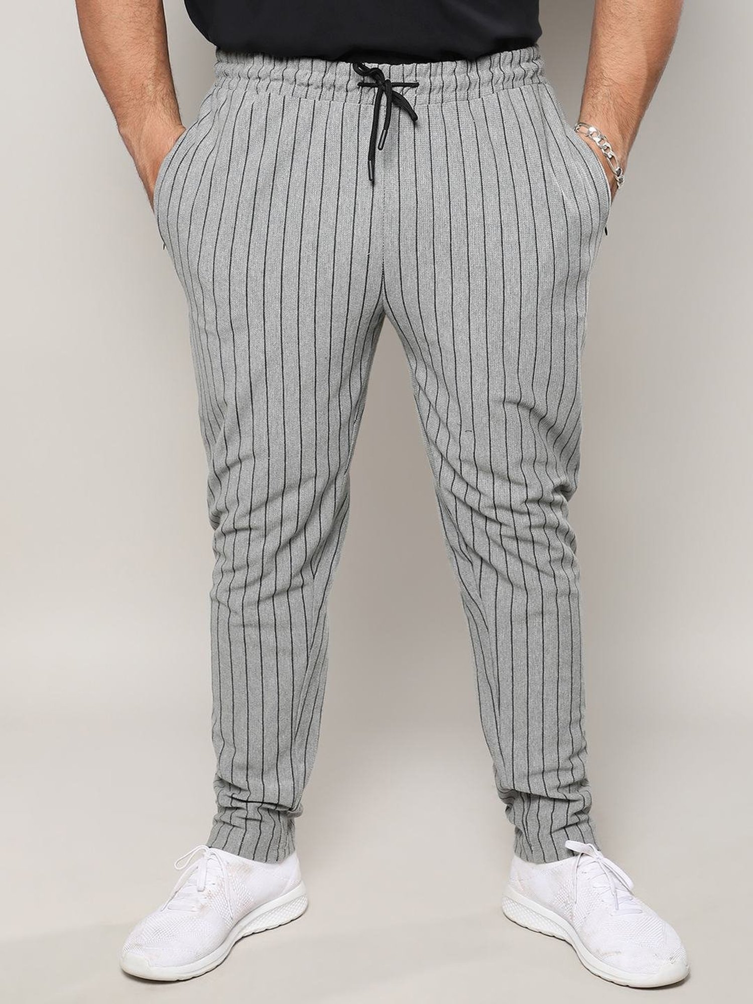 Instafab Plus Moon Grey Cotton Regular Fit Striped Plus Size Trackpants