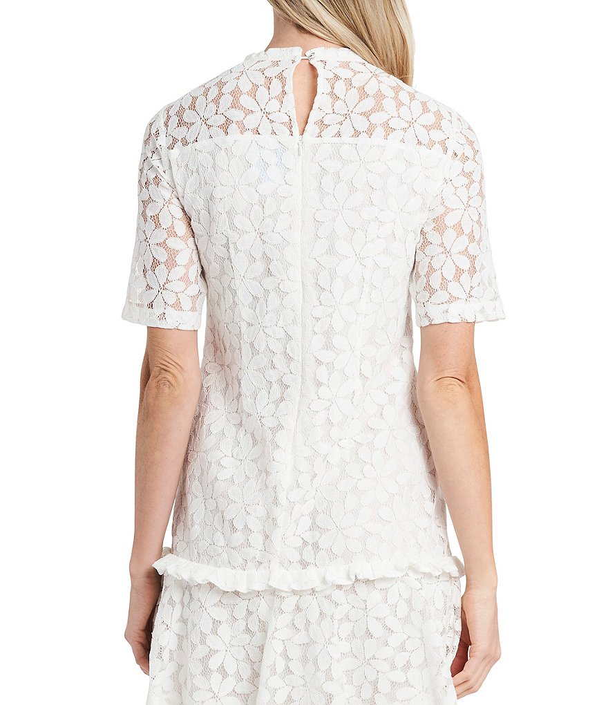 CeCe Elbow Sleeve Illusion Yoke Ruffled Hem Lace Dress