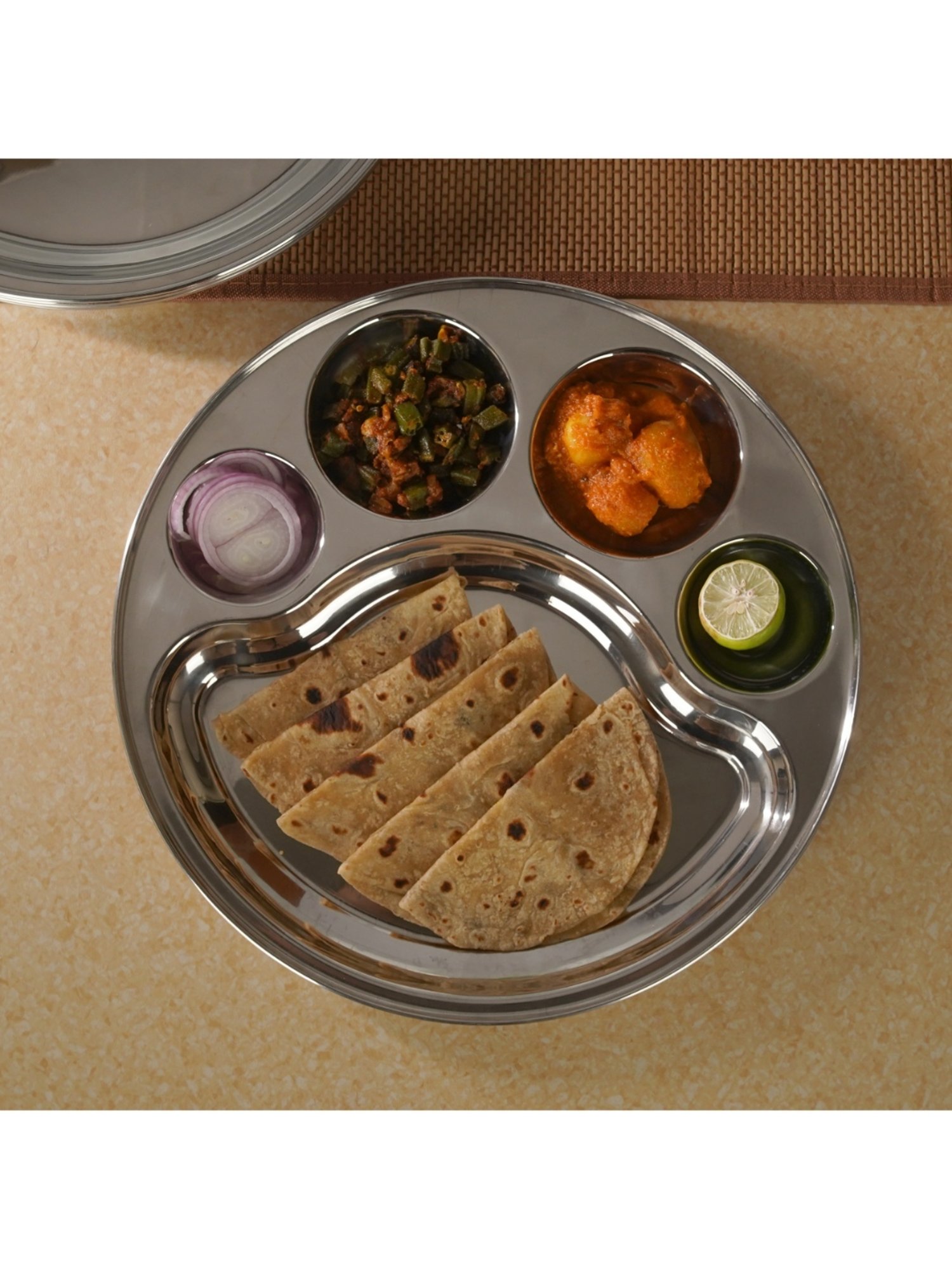 Sumeet Stainless Steel Round 5 in 1 Compartment Lunch / Dinner Plate 1Pc, 31cm Dia, Silver