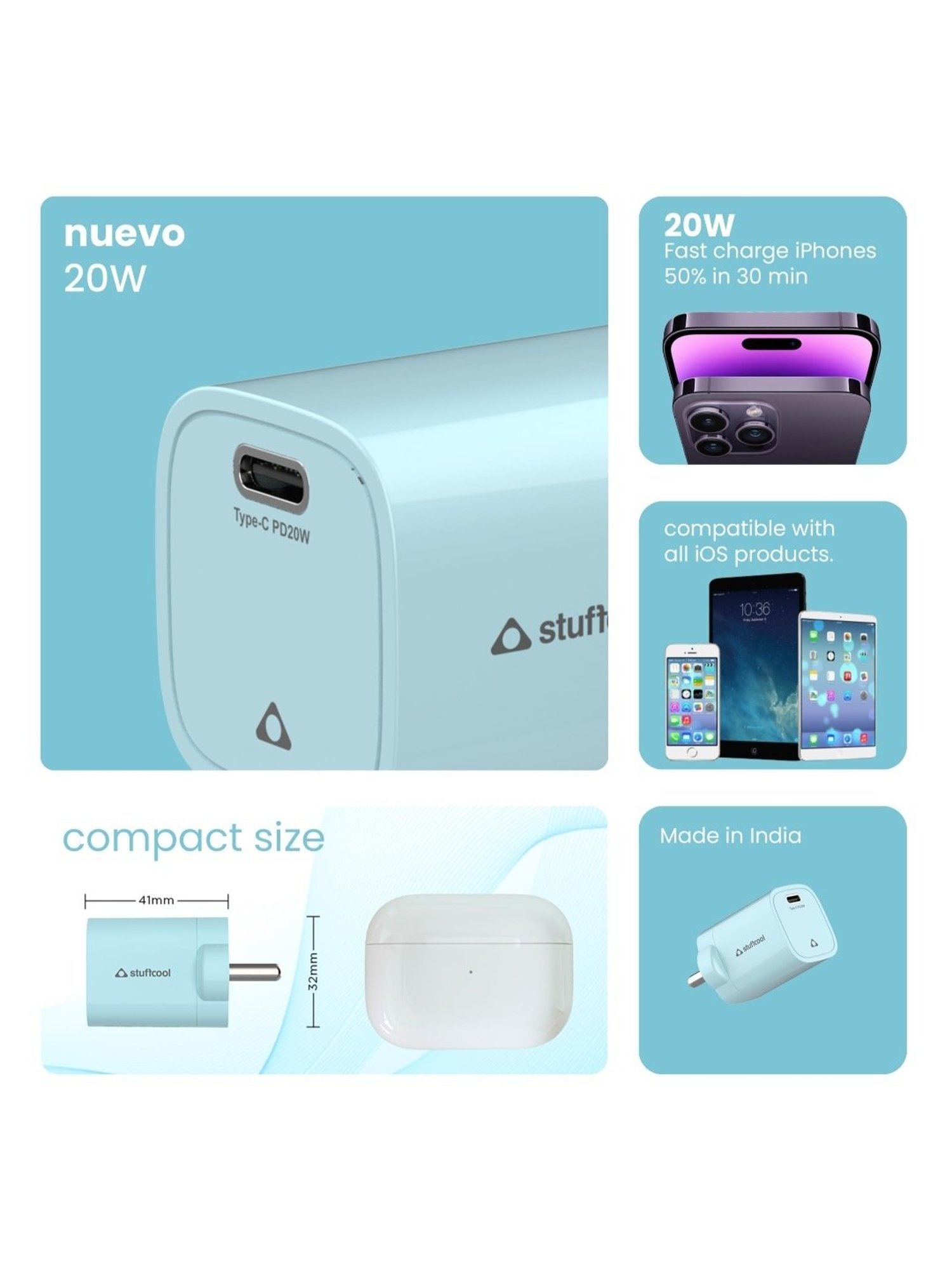 Stuffcool Nuevo PD20W Smallest Wall Charger for Latest iPhone 15,14,13,12 (Blue)