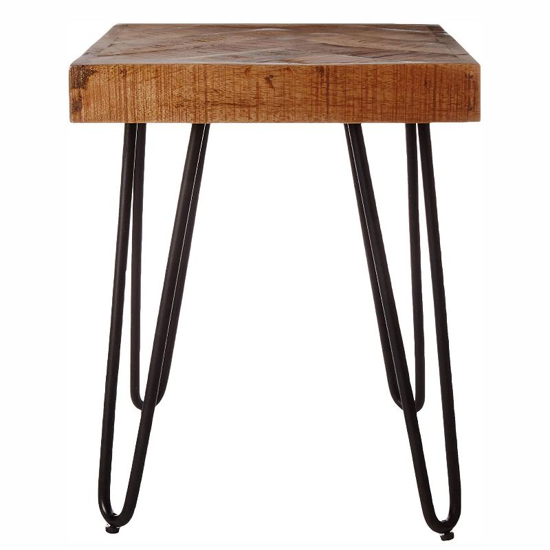 Mindful Living Small Midcentury Modern Natural Mango Wood Small End Table with Textured Chevron Patterned Top and Iron Hairpin Legs