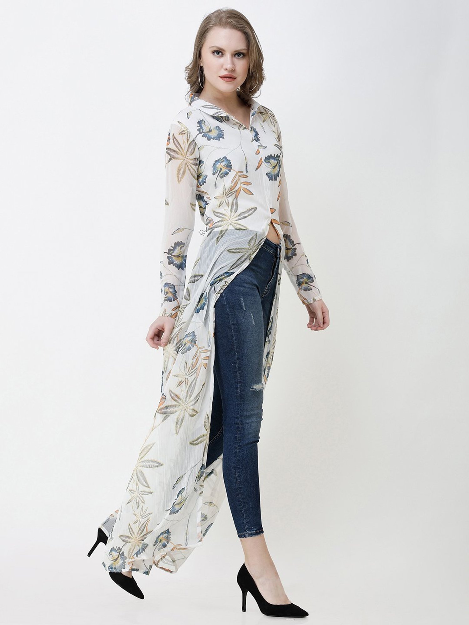 Scorpius White Floral Print Long Top