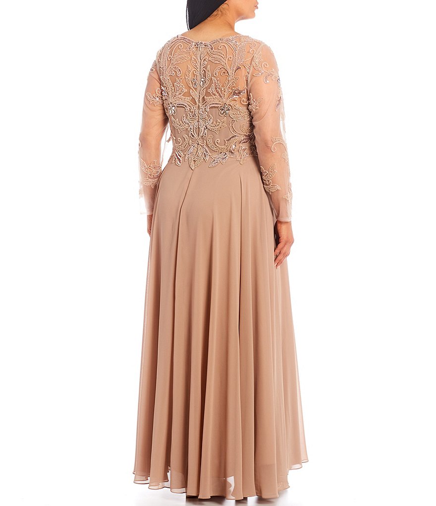 Xscape Plus Size Jewel Neck Long Sleeve Beaded Bodice Chiffon Gown