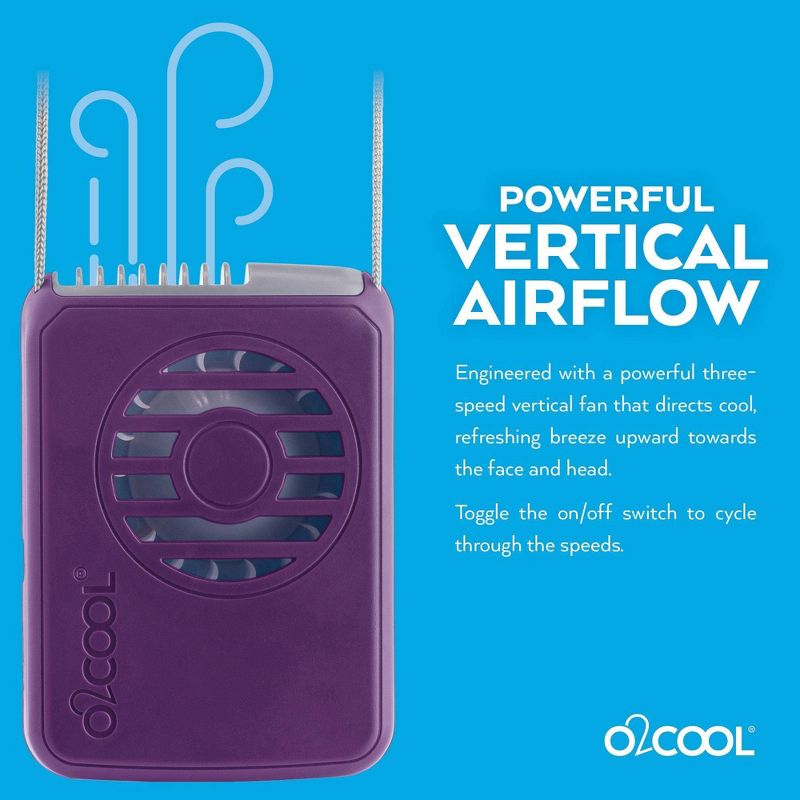 O2COOL Rechargeable Deluxe Necklace Fan with USB Cord Purple