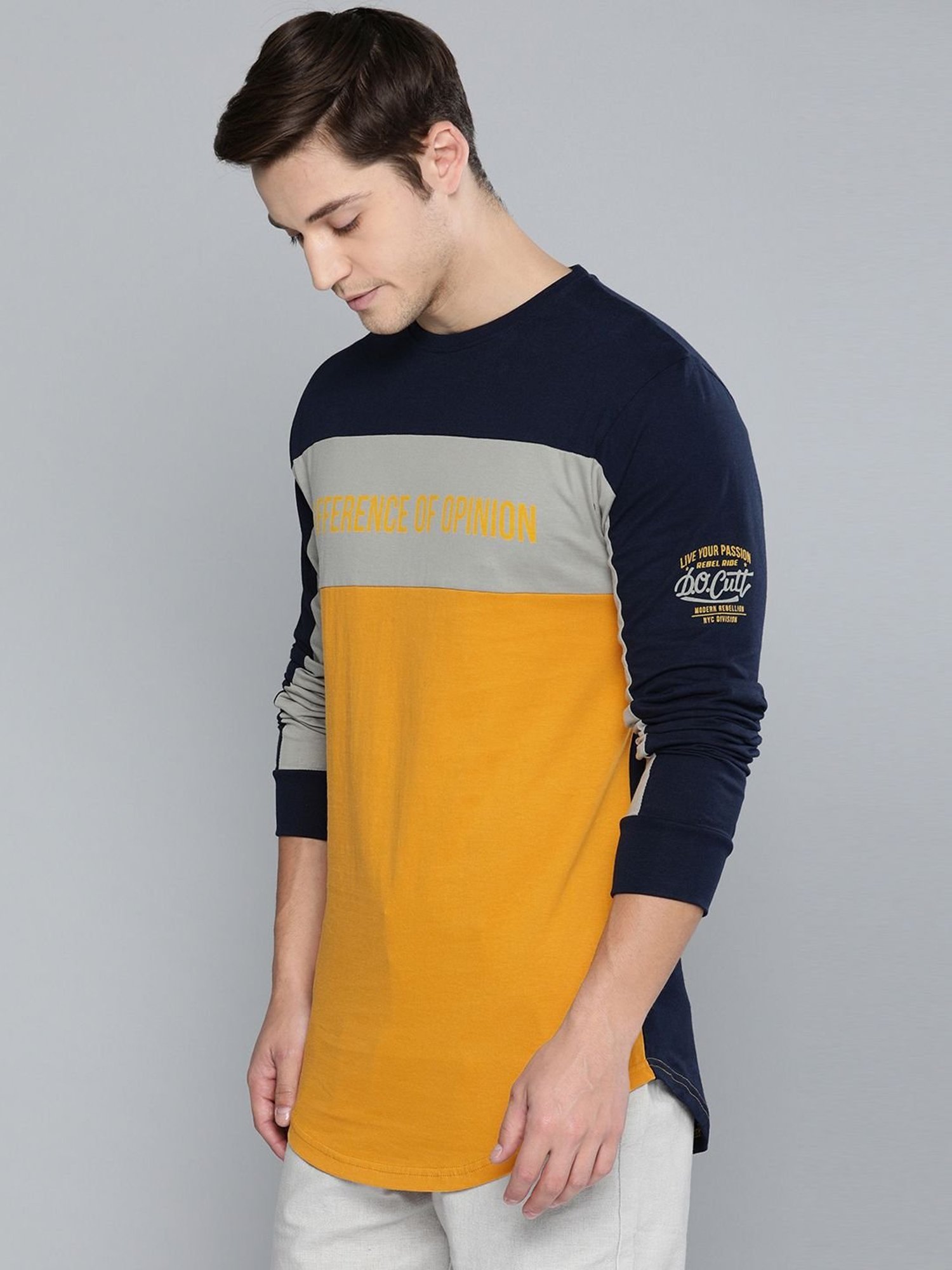 Difference Of Opinion Navy & Yellow Cotton Regular Fit Colour Block T-Shirt