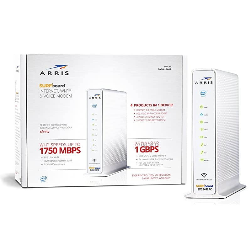 SURFboard SVG2482AC DOCSIS 3.0 24x8 Cable Modem & AC1750 Wi-Fi Router, Certified for Xfinity Internet & Voice. Approved for Xfinity plans up to 500 Mbps
