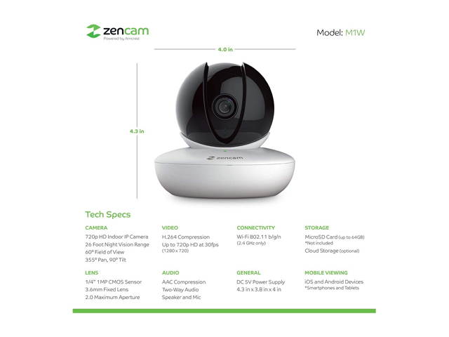 Amcrest Zencam WiFi Camera, Pet Dog Camera, Nanny Cam with Two-Way Audio, Baby Monitor with Cell Phone App, Pan/Tilt Wi-Fi Wireless IP Camera, Micro SD Card, RTSP, Cloud, Night Vision, M1W