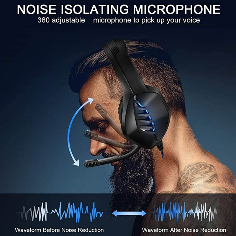 J1 Gaming Headset for PS4PC Xbox One ControllerNoise Cancelling Over Ear Headphones with Mic LED Light Bass Surround Soft Memory Earmuffs for Laptop Mac Nintendo Switch GamesBlue