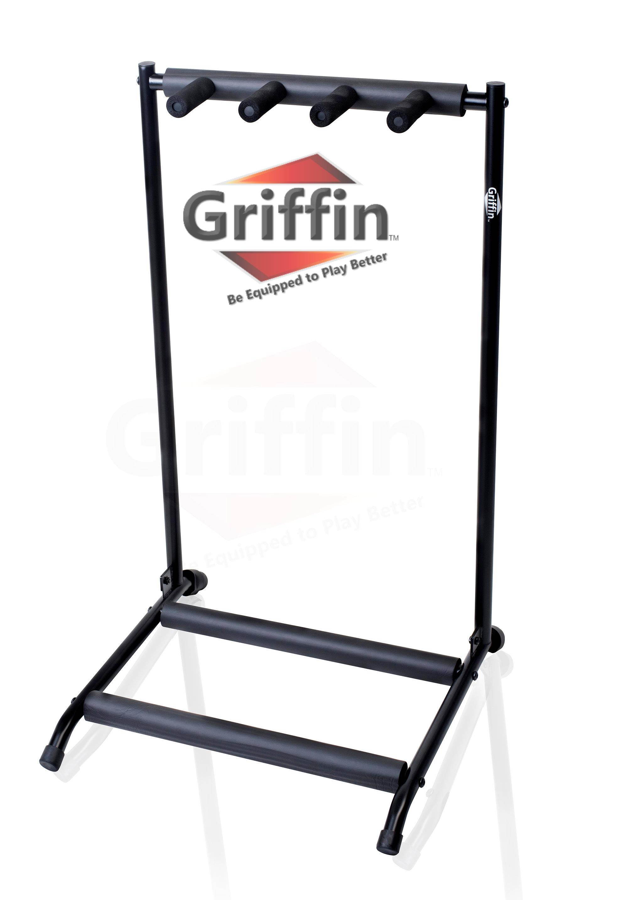 Three Guitar Rack Stand by GRIFFIN | Floor Storage Holder for Multiple Guitars | Neck Mount Support For Electric, Acoustic Bass, Accessories | Recording Studios, Schools, Stage Performers, Wall Hanger