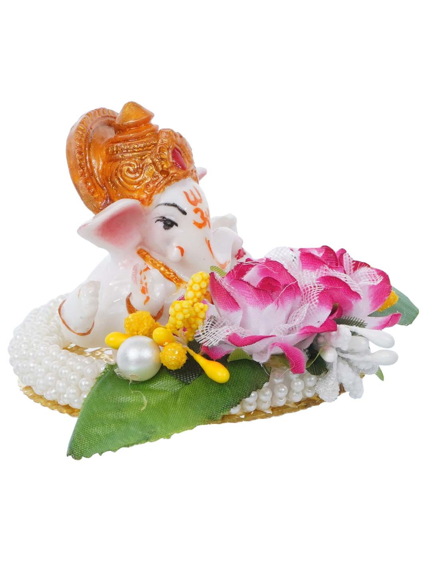 eCraftIndia Lord Ganesha Idol on Decorative Handcrafted Plate with Colorful Flowers and Leaf